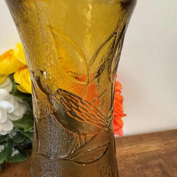 Vintage Amber Pressed Glass Vase – Bird Butterfly Floral Design 1970s Textured - Picture 4 of 6